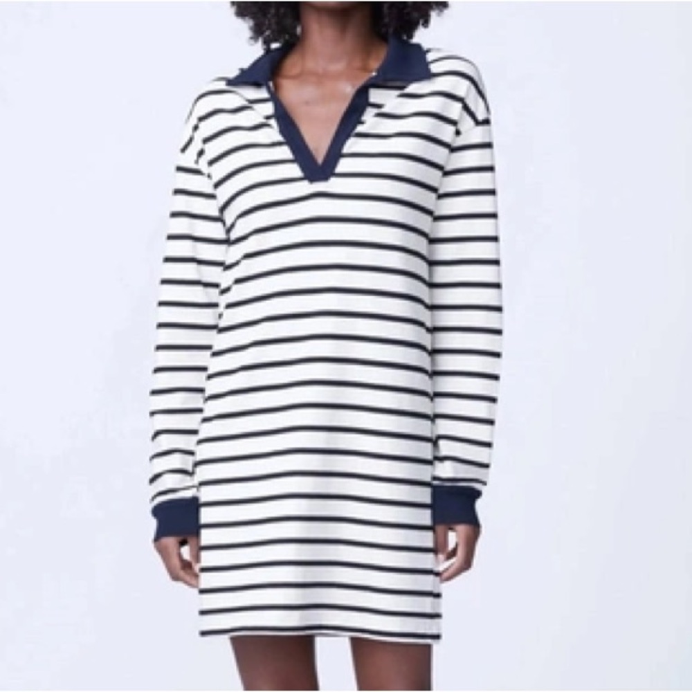 NWT Monrow Stripe Relaxed Polo Dress in Natural Black in size XS